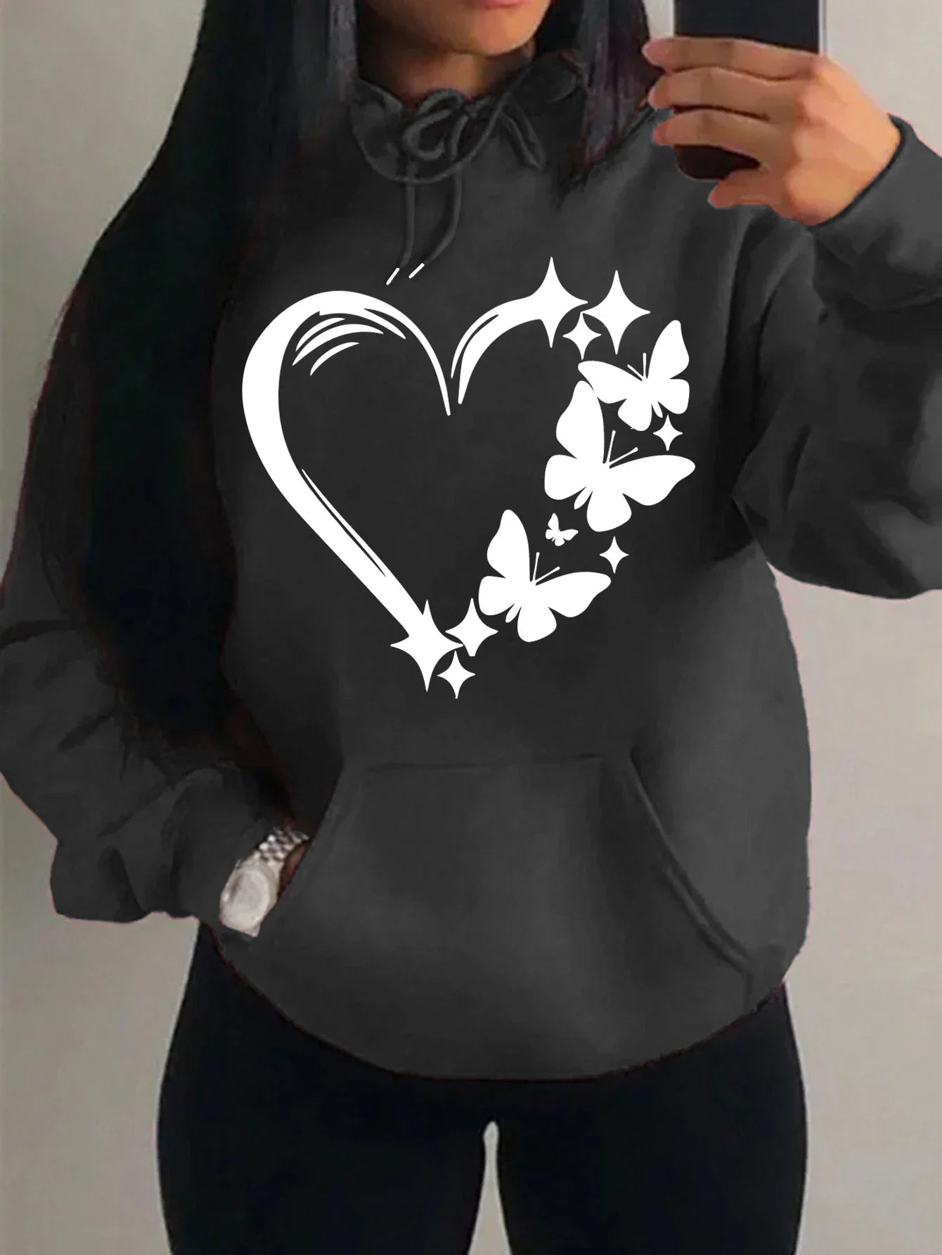 Sweat à capuche Femme Motif Amour et Papillon Hip Hop Streetwear Poches Vêtements Rétro Multicolore
