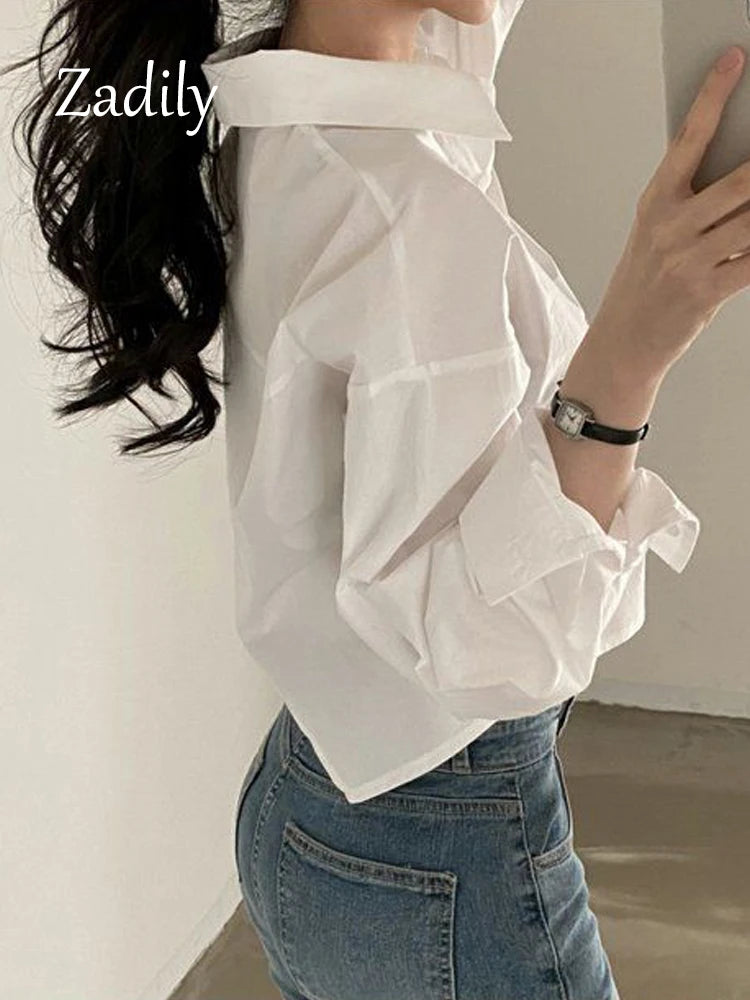 Zadily 2026 Spring New Casual Long Sleeve Women White Shirt Korea Style Solid Button Split Woman Crop Tops Blouse Party Clothing