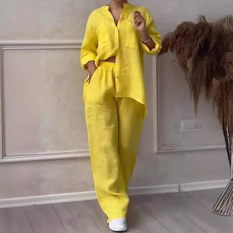 Ensemble femme en lin et coton – Chemise col V manches longues + Pantalon large taille mi-haute