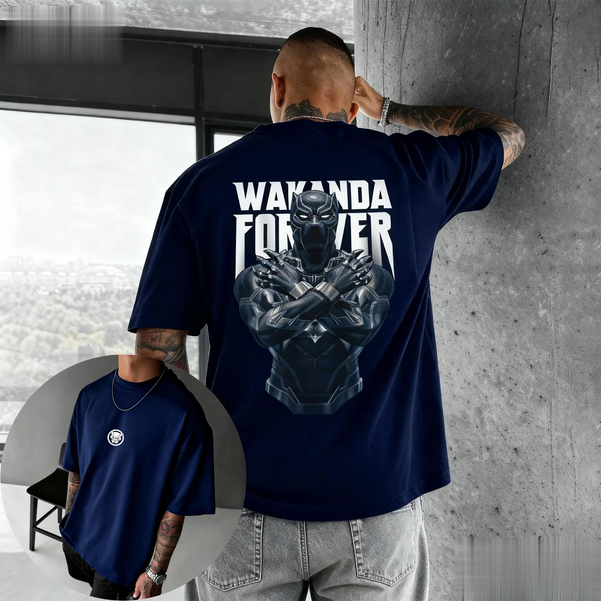 The Man's Multi-color T-shirt with Black Panther Pattern and Striped Background Design Is A Surprising Casual Streetwear