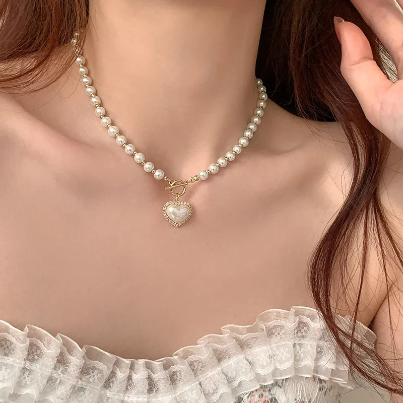 Gold Plated Heart & Pearl Pendant Necklace – Korean Style Y2K Kawaii | Women's Jewelry