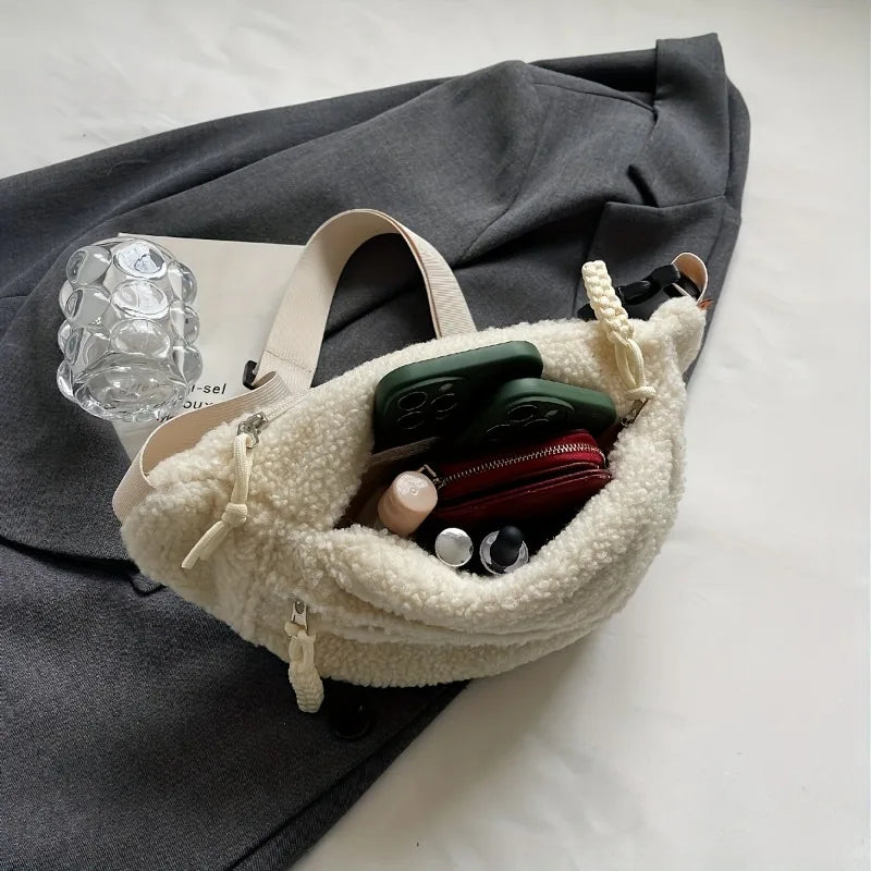 Women's Casual Solid Color Plush Material Chest Bag, Fashionable Daily Commuting Waist Bag, Plush Crossbody Shoulder Bag