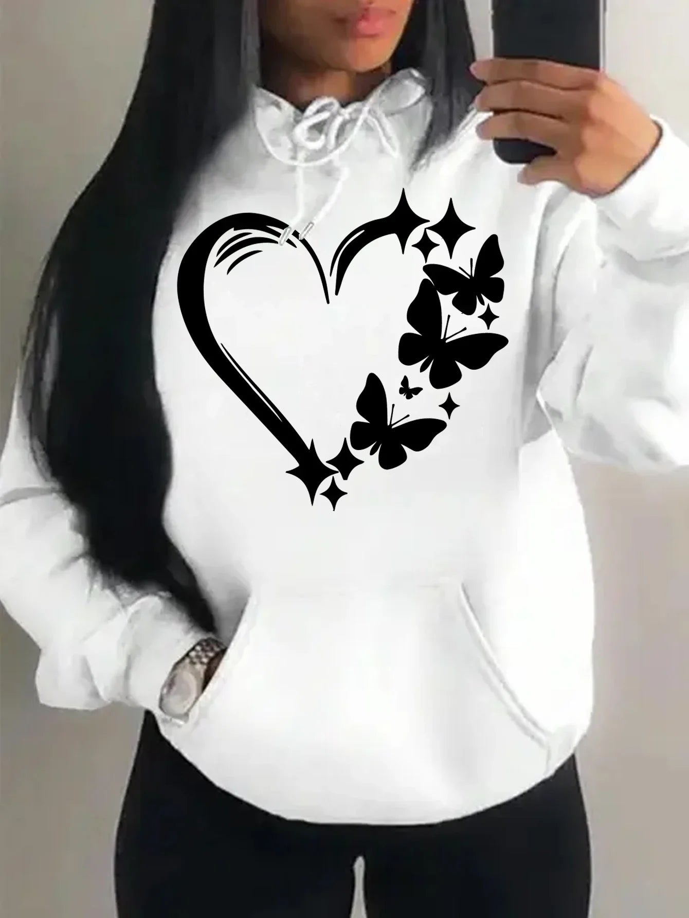 Sweat à capuche Femme Motif Amour et Papillon Hip Hop Streetwear Poches Vêtements Rétro Multicolore