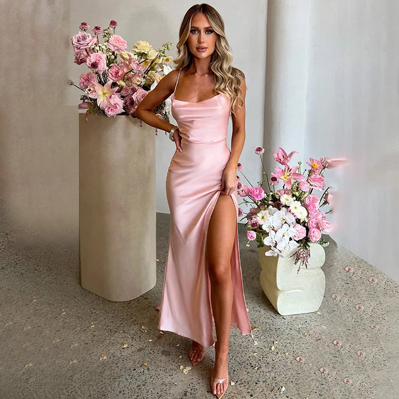 2026 Summer European and American Cross border Sexy Dress Solid Color Slim Show Backpack Hip Dress Split Party Strap Dress