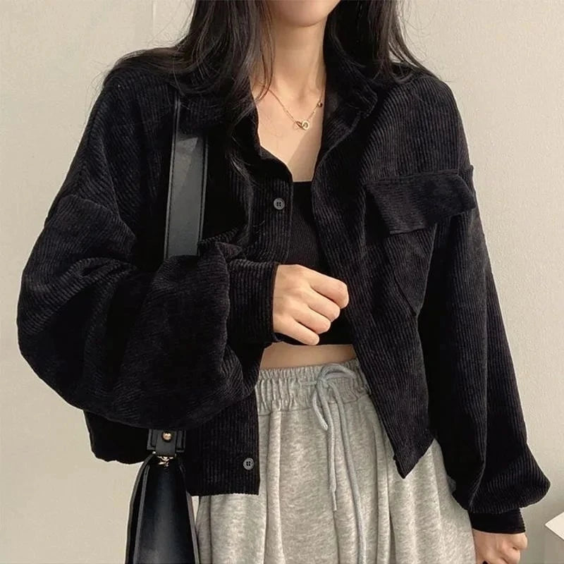 Women's Corduroy Jacket – Retro Loose Fit, Square Collar, Autumn-Winter