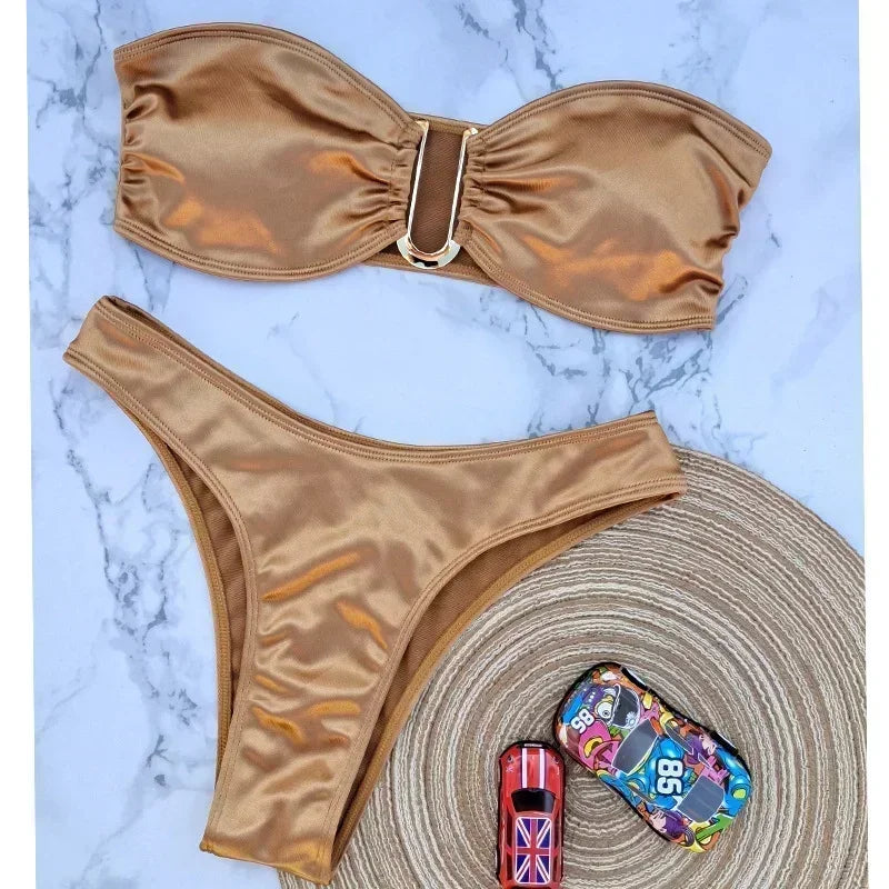 High Waist Bandeau Bikini Set – Push-Up Swimsuit for Women