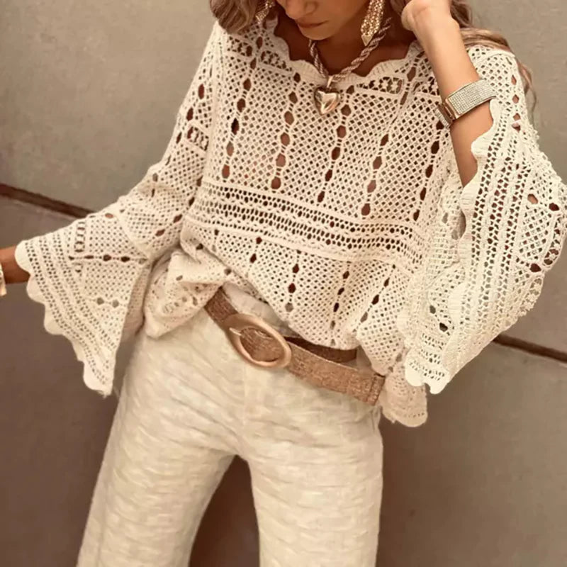 Spring Summer Lace Crochet Women's White Shirts 2026 New Hollow Out Beach Bohemian Cover Up Tees Female Long Sleeve Knitted Tops