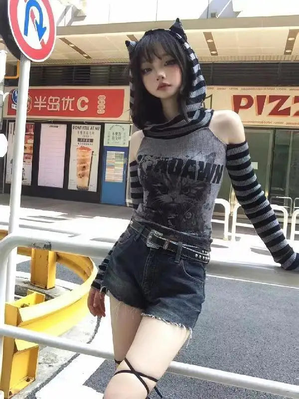 Stacked Collar Hooded Hollow Stripe Contrast Color Long Sleeve Sweatshirt Women Tshirt Japanese Soft Girl Slim Fit Short Top