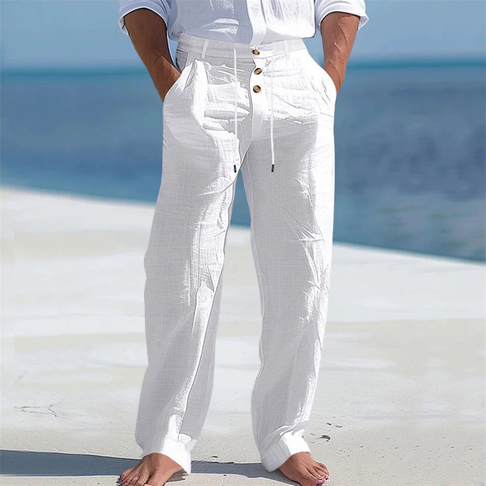Men's Autumn Spring Cotton Pants Casual Breathable Cozy Trousers Button Drawstring Design Beach Style Vacation Long Pants