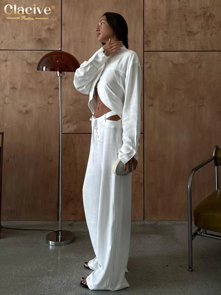 Clacive Fashion Loose White Linen Women's Two Pieces Set 2026 Elegant Long Sleeve Shirt With Mid Waist Wide Pants Set Streetwear