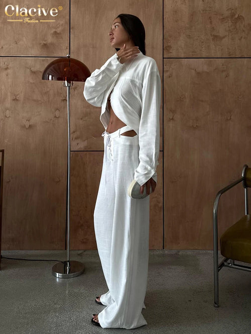 Clacive Fashion Loose White Linen Women's Two Pieces Set 2026 Elegant Long Sleeve Shirt With Mid Waist Wide Pants Set Streetwear