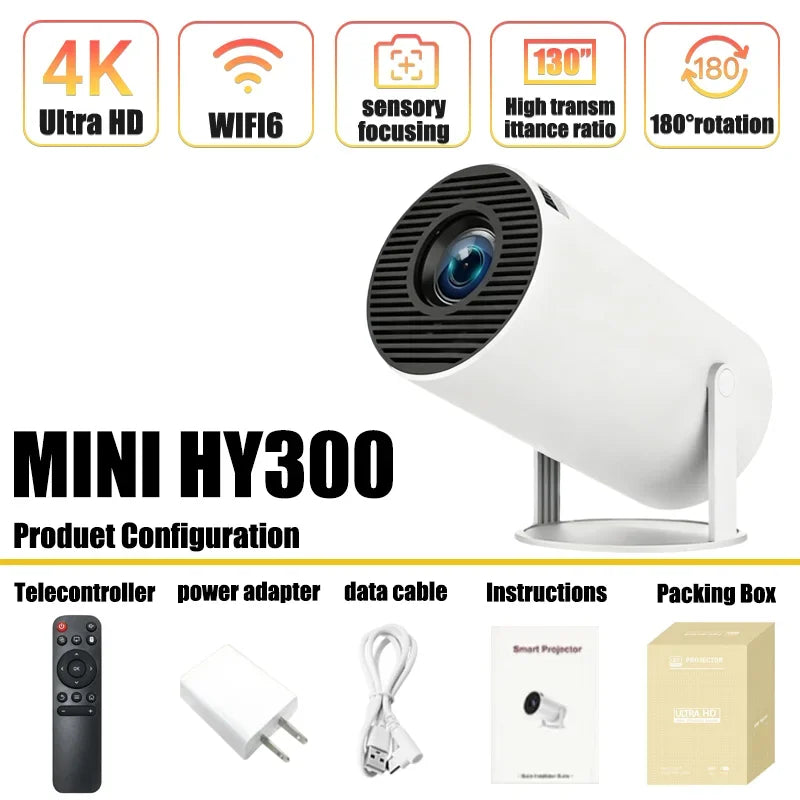 Projecteur Portable HY300 4K Android 11 - Mini Vidéoprojecteur WiFi6 260 ANSI Lumens