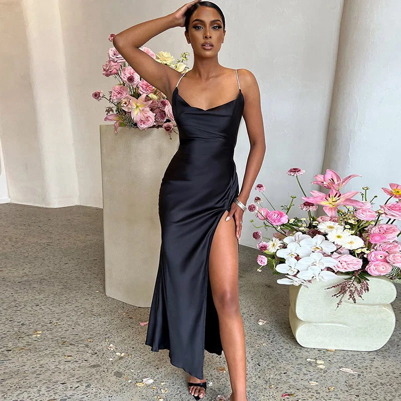 2026 Summer European and American Cross border Sexy Dress Solid Color Slim Show Backpack Hip Dress Split Party Strap Dress