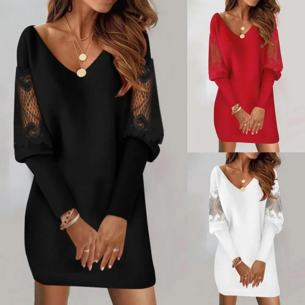 Elegant and Beautiful Women's Dress Autumn Solid Color Lace Splicing Long Sleeve Mini Dresse Female Short Dresses 2025 Woman
