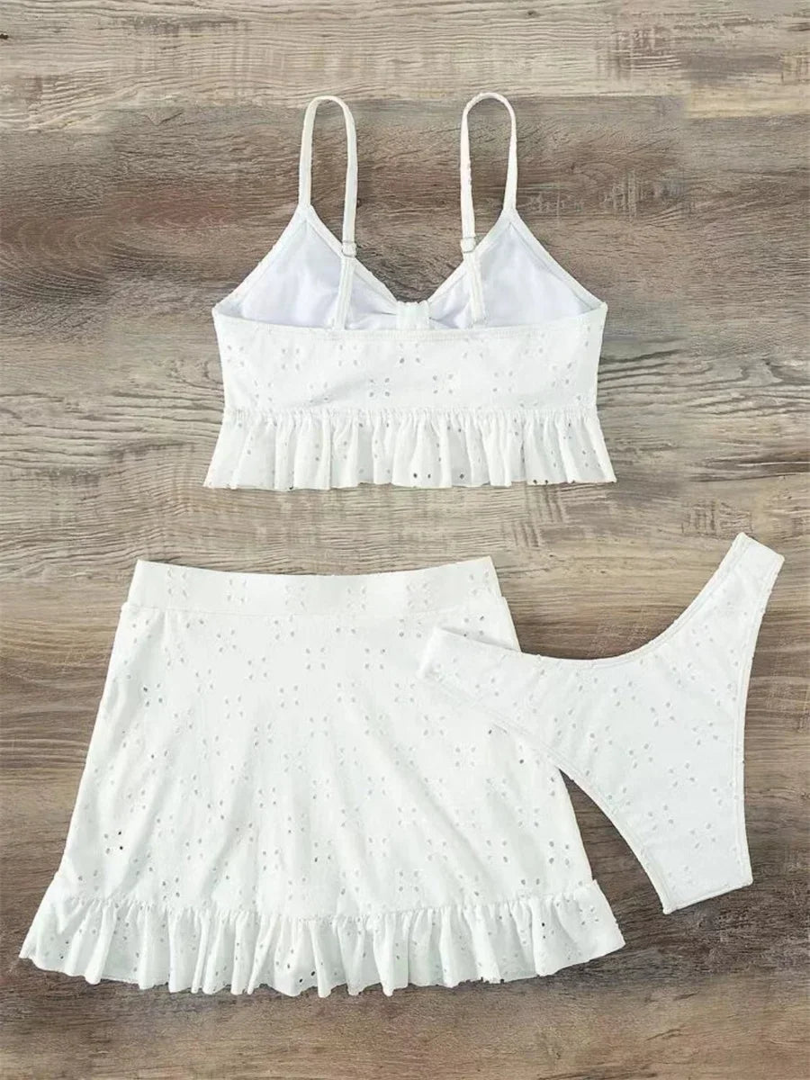 Sexy White 3 Piece Bikinis Set 2026 Women Halter Cut Out Tie Up Ruffles Push Up Skirt Swimsuit Bathing Suit High Waist Swimwear