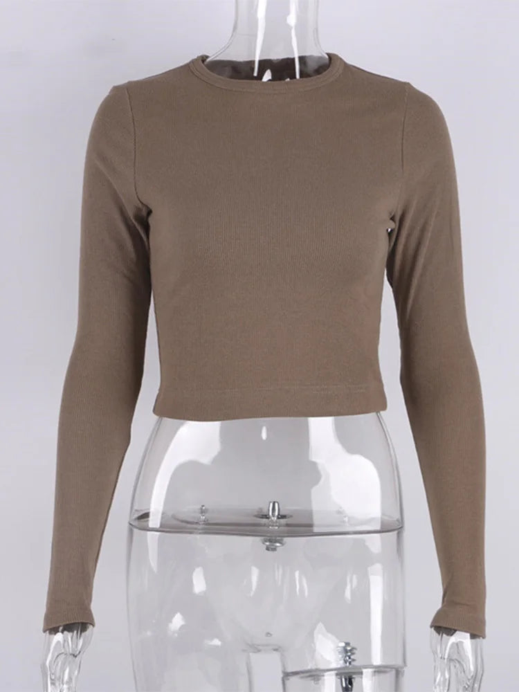Women's Ribbed Crop Top, Round Neck, Long Sleeves, Slim Fit