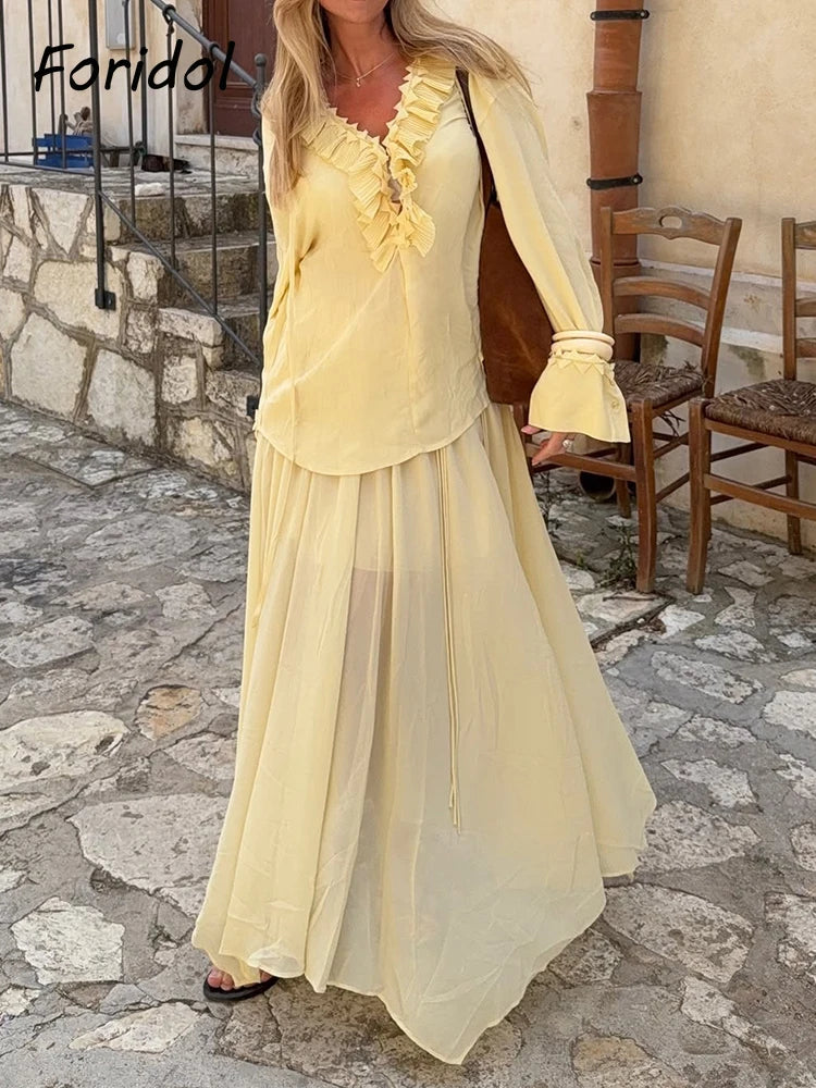 Ensemble assorti blouse jaune et jupe pour femmes, deux pièces décontractées amples, nouvelle collection printemps été 2025, ensemble robe couleur unie