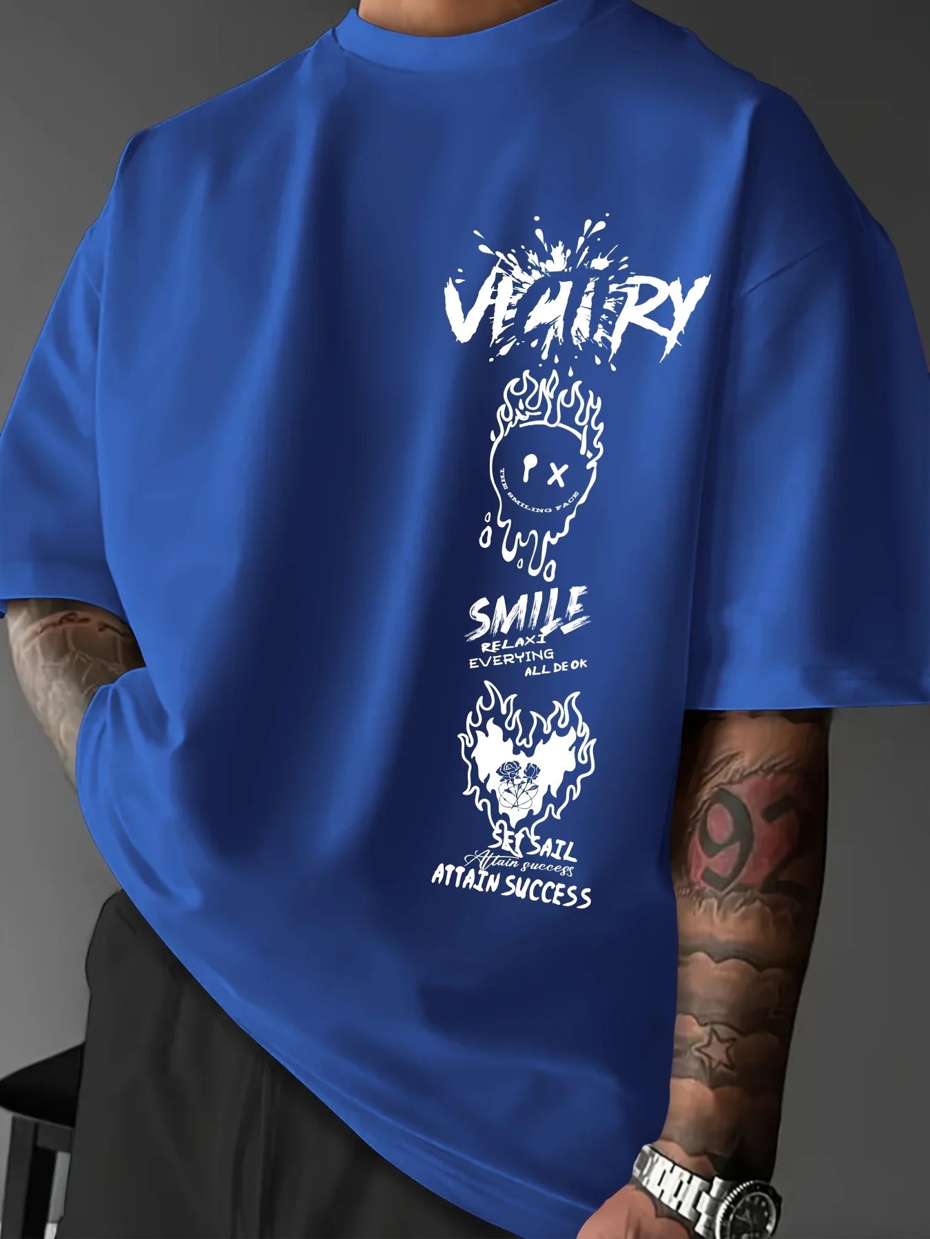 Men's 100% pure cotton fashionable casual comfortable loose creative graffiti print sports round neck short sleeved T-shirt top