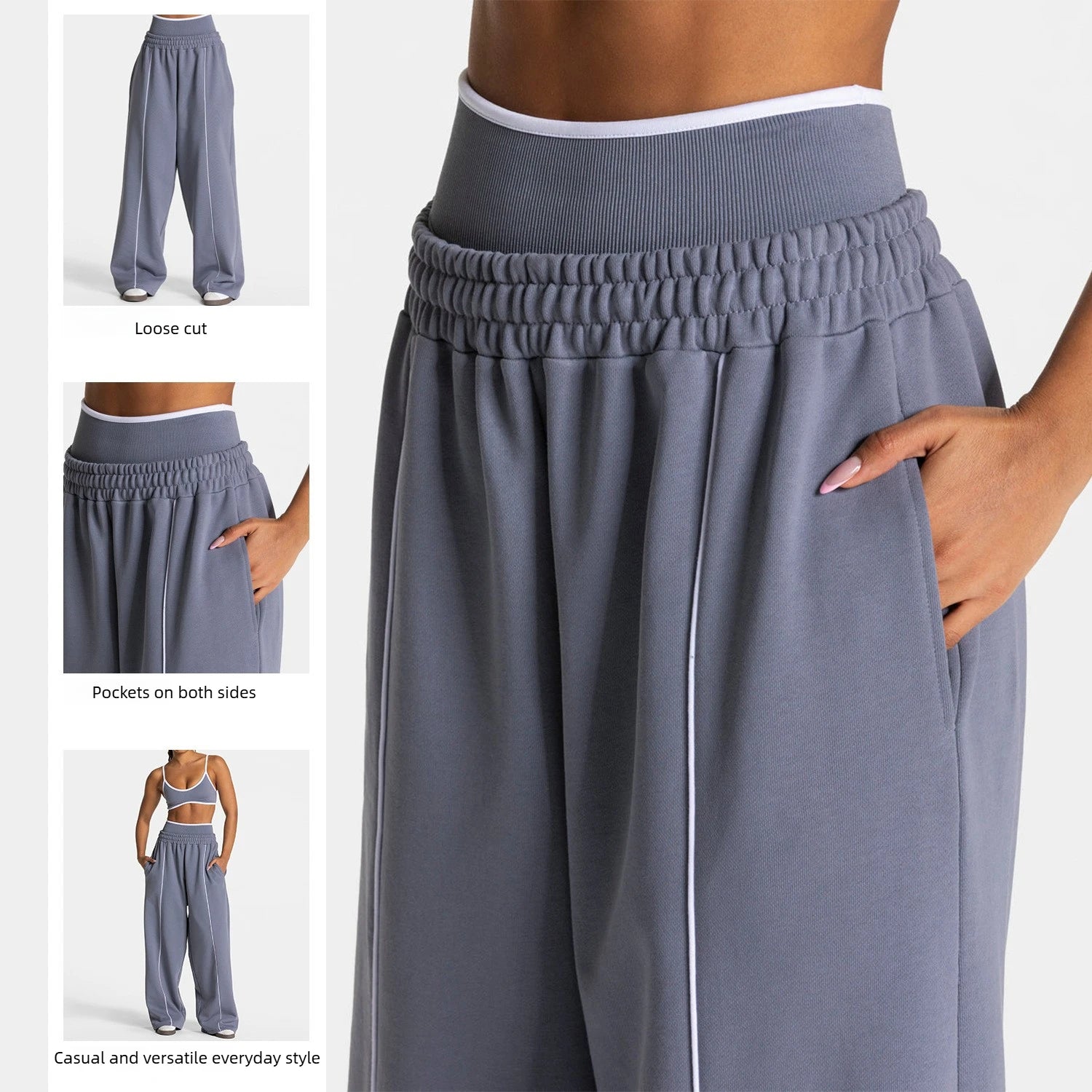 Pantalon Sport Femme Large Taille Haute - Jogging Yoga Fitness Poches