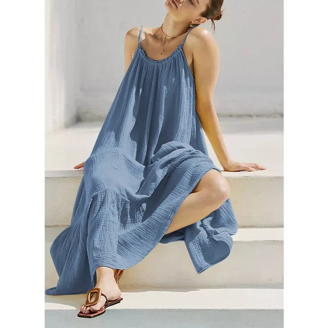 Vintage Muslin 100% Cotton Gauze Summer Dress Women Loose Sexy Sleeveless Ruched Long Maxi Party Desses Chic Sundress Vestidos