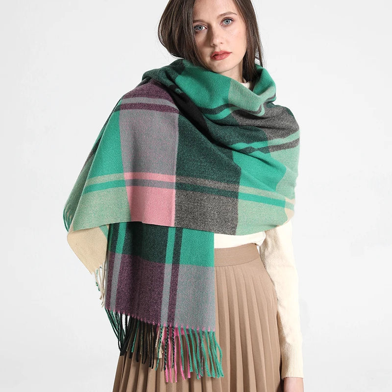 Women's Checkered Shawl Scarf – Soft & Warm Cashmere | 14 Colors