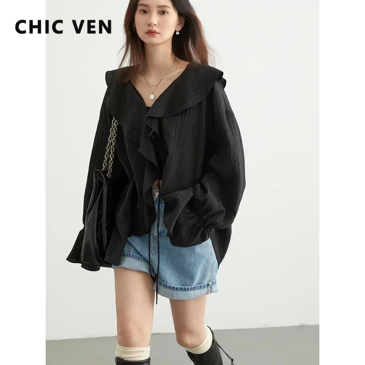 CHIC VEN Women Shirt Loose Casual Ruffled Edges Female Blouses Solid V Neck Lace Up Mid Length Ladies Shirts Spring Summer 2026