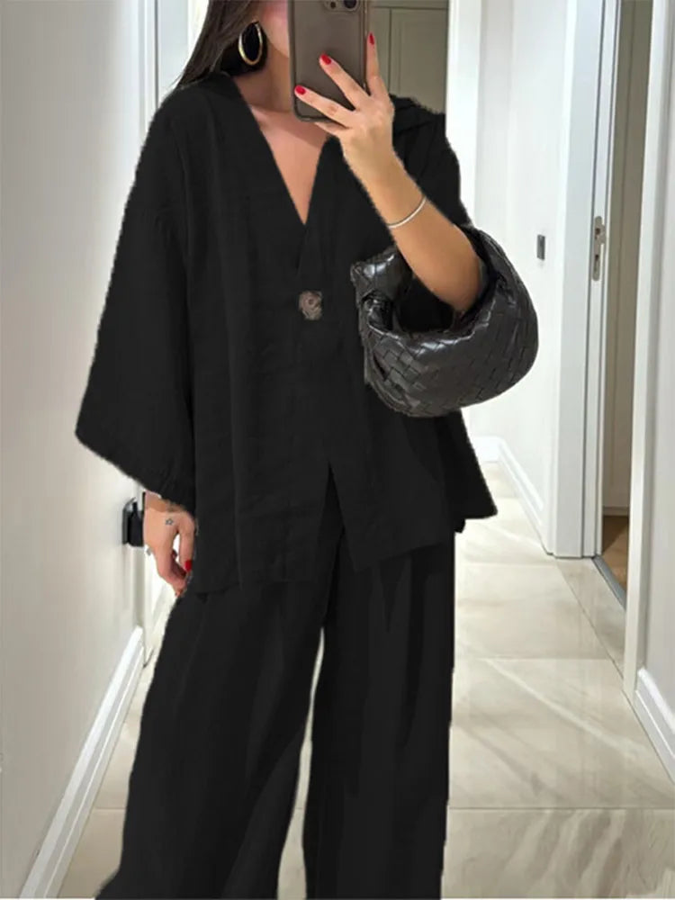 Casual Solid Cotton Linen Loose Shirt Pants Set Women Single Breasted Blouses Wide Leg Pants Suits Spring Summer Lady Outfits