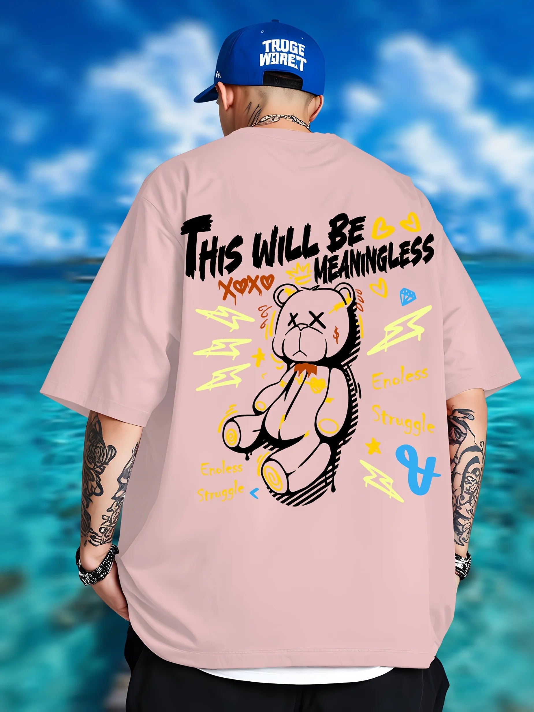 Summer men's fashionable teddy bear print breathable and comfortable round neck T-shirt outdoor street style top