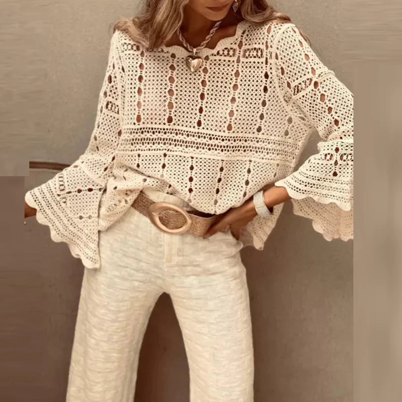 Spring Summer Lace Crochet Women's White Shirts 2026 New Hollow Out Beach Bohemian Cover Up Tees Female Long Sleeve Knitted Tops