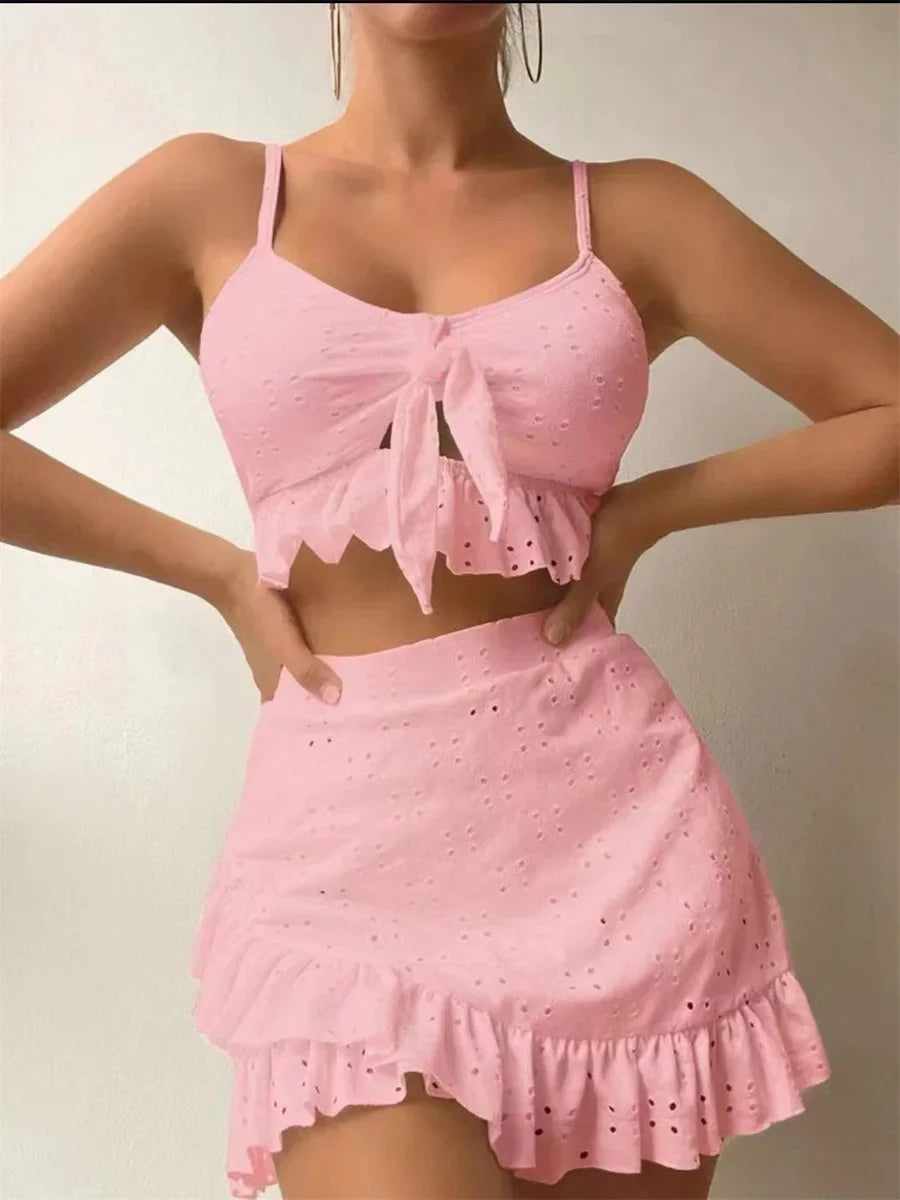 Sexy White 3 Piece Bikinis Set 2026 Women Halter Cut Out Tie Up Ruffles Push Up Skirt Swimsuit Bathing Suit High Waist Swimwear