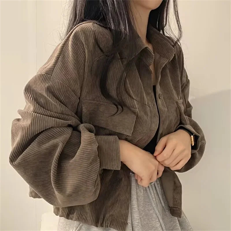 Women's Corduroy Jacket – Retro Loose Fit, Square Collar, Autumn-Winter