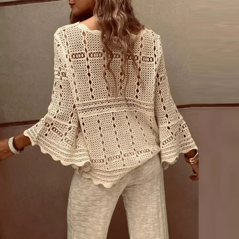 Spring Summer Lace Crochet Women's White Shirts 2026 New Hollow Out Beach Bohemian Cover Up Tees Female Long Sleeve Knitted Tops