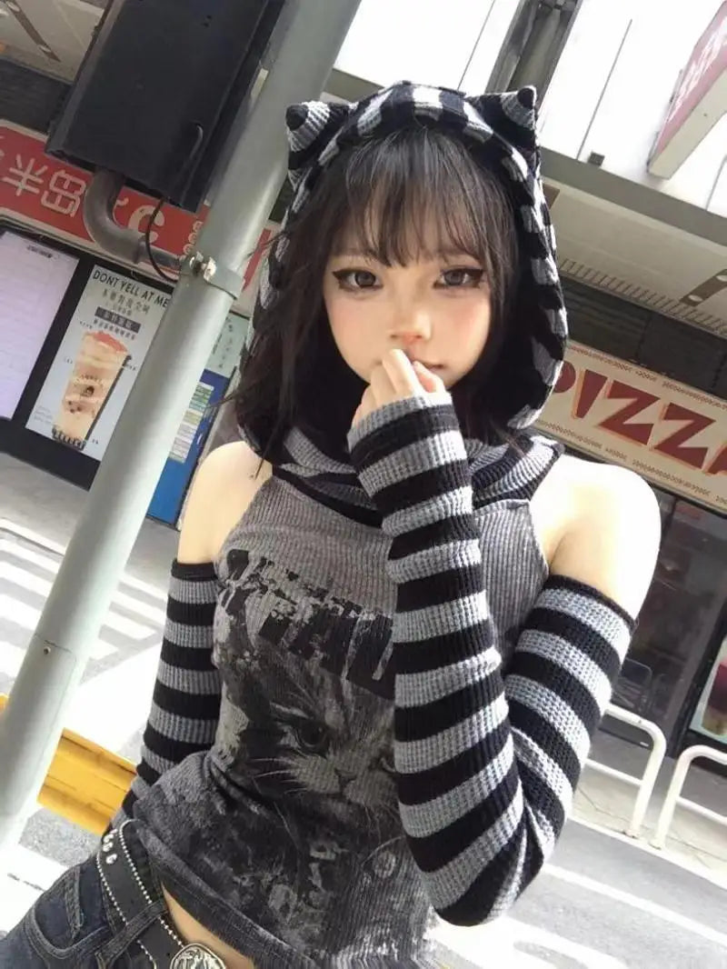 Stacked Collar Hooded Hollow Stripe Contrast Color Long Sleeve Sweatshirt Women Tshirt Japanese Soft Girl Slim Fit Short Top