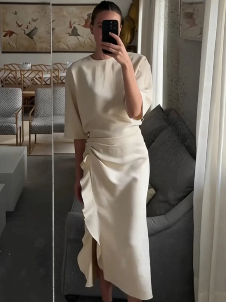 HH Women New Fashion Round Neck Pleated Short Sleeve Waist Dress Women Casual Sexy Side Zipper Button Solid Midi Summer Dress