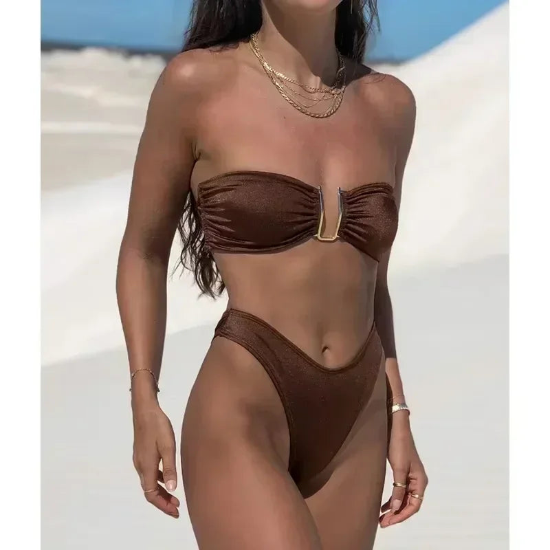 High Waist Bandeau Bikini Set – Push-Up Swimsuit for Women