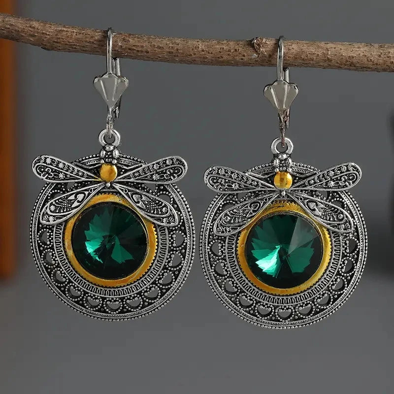 Ethnic Retro Green Crystal Dragonfly Earrings, Women's Creative Unique Party Vacation Jewelry Accessories