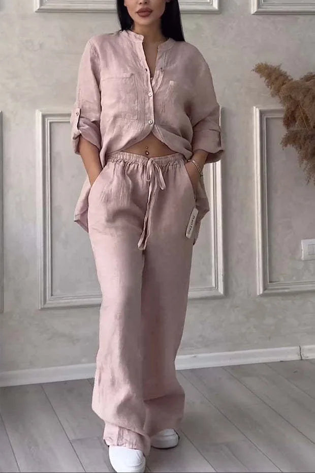 Ensemble femme en lin et coton – Chemise col V manches longues + Pantalon large taille mi-haute