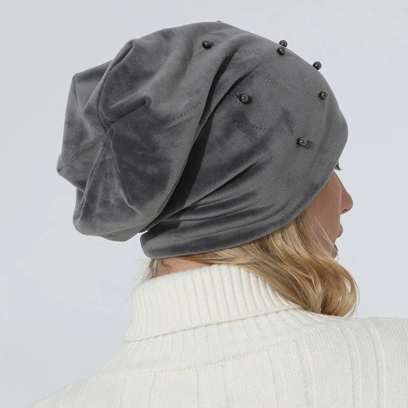 Women's Cotton Beanie – Pearls & Rhinestones, Soft, Casual Chic Spring-Autumn