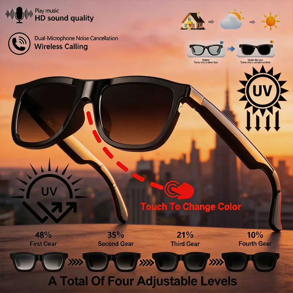 Nouvelles Lunettes Audio Intelligentes Bluetooth Lunettes de Soleil Commande Tactile Verres Photochromiques Double Micro Annulation du Bruit Son Clair Appels Mains Libres