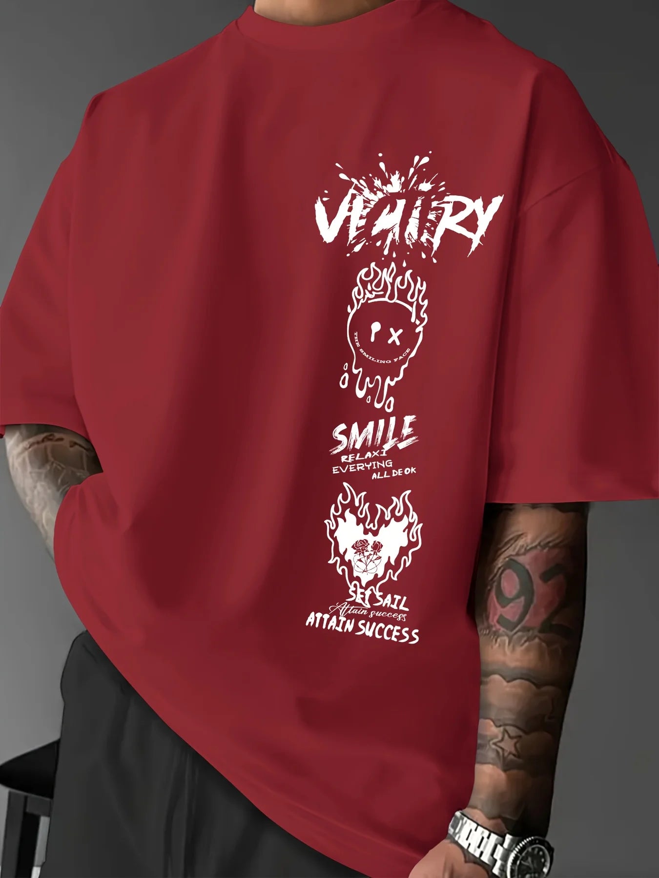 Men's 100% pure cotton fashionable casual comfortable loose creative graffiti print sports round neck short sleeved T-shirt top
