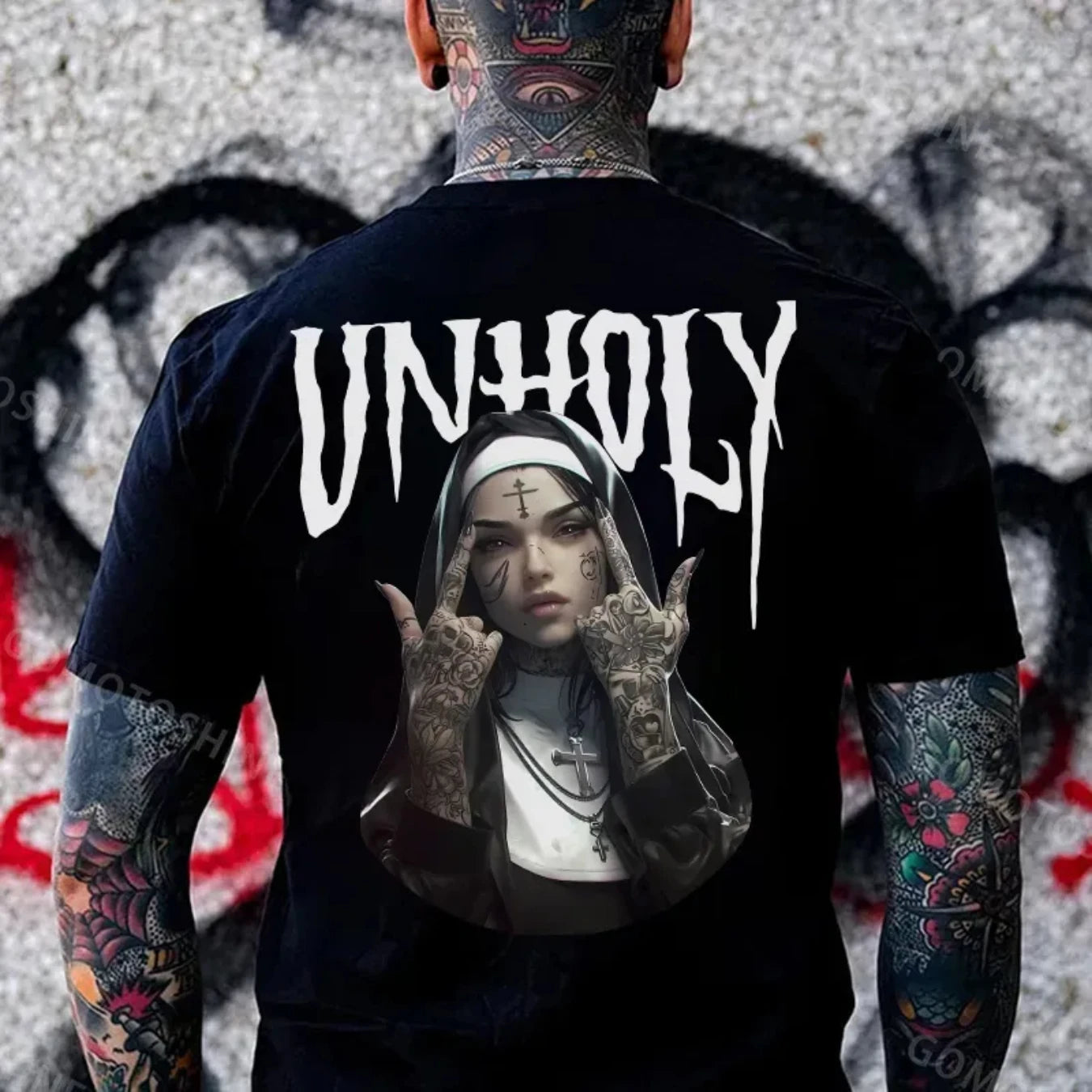 UNHOLY Tattooed Nun With Cross Necklace Graphic Black Print T-Shirt Gothic Sweatshirt  Hoodie Y2K Summer Oversized Man