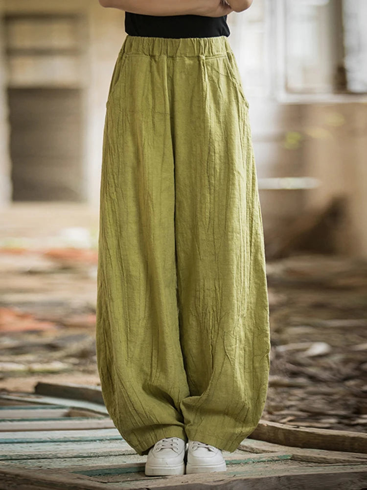 LANMREM Casual Cotton Linen Lantern Pants Women Elastic High Waist Solid Color Versatile Trousers 2025 Spring New 2Z2136