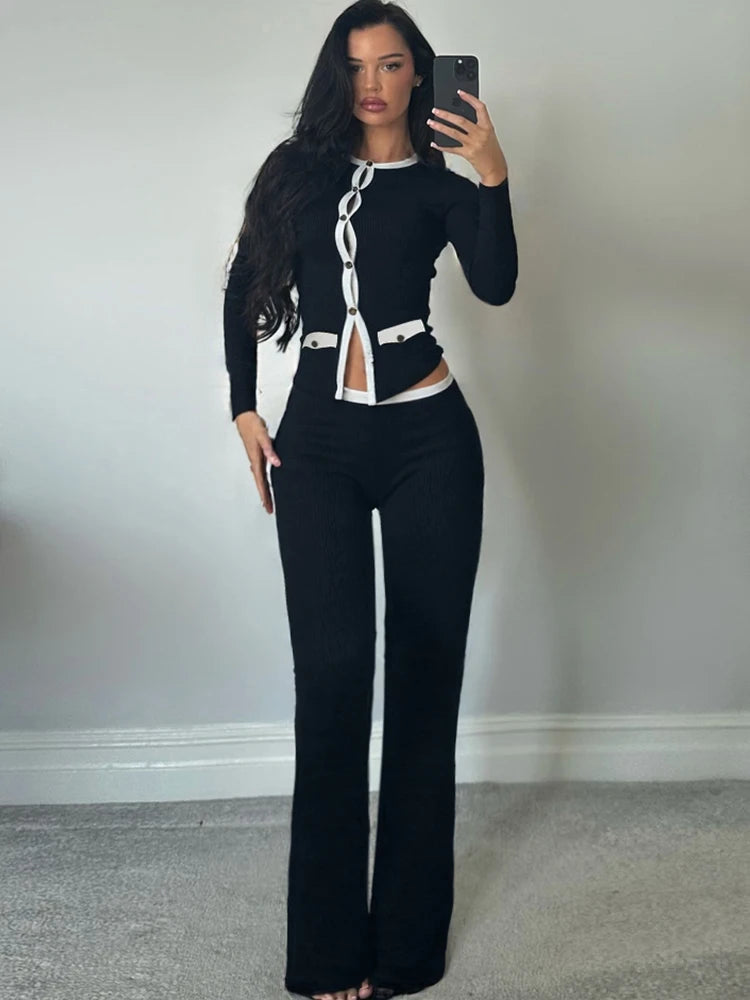 Street Patchwork 2 Piece Set Women Single-Breasted Cardigan Full Sleeve Tops+Straight Pants Fashion Simple Casual Set