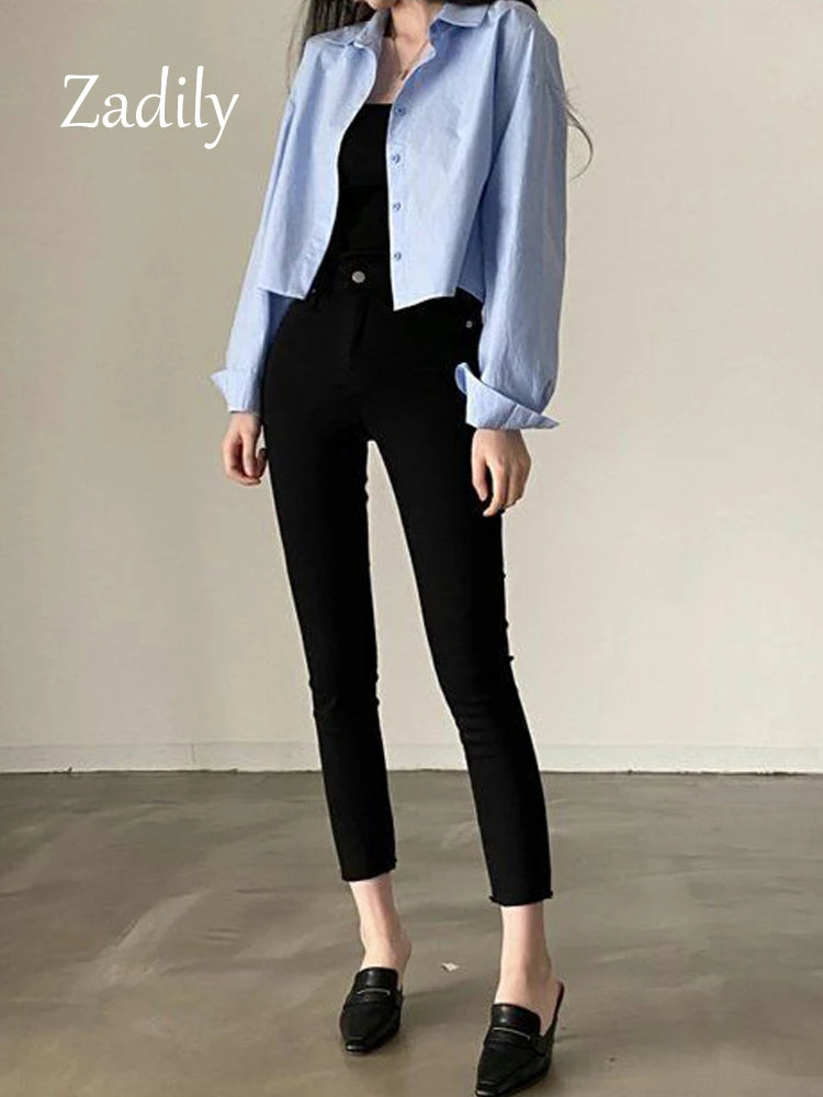 Zadily 2026 Spring New Casual Long Sleeve Women White Shirt Korea Style Solid Button Split Woman Crop Tops Blouse Party Clothing