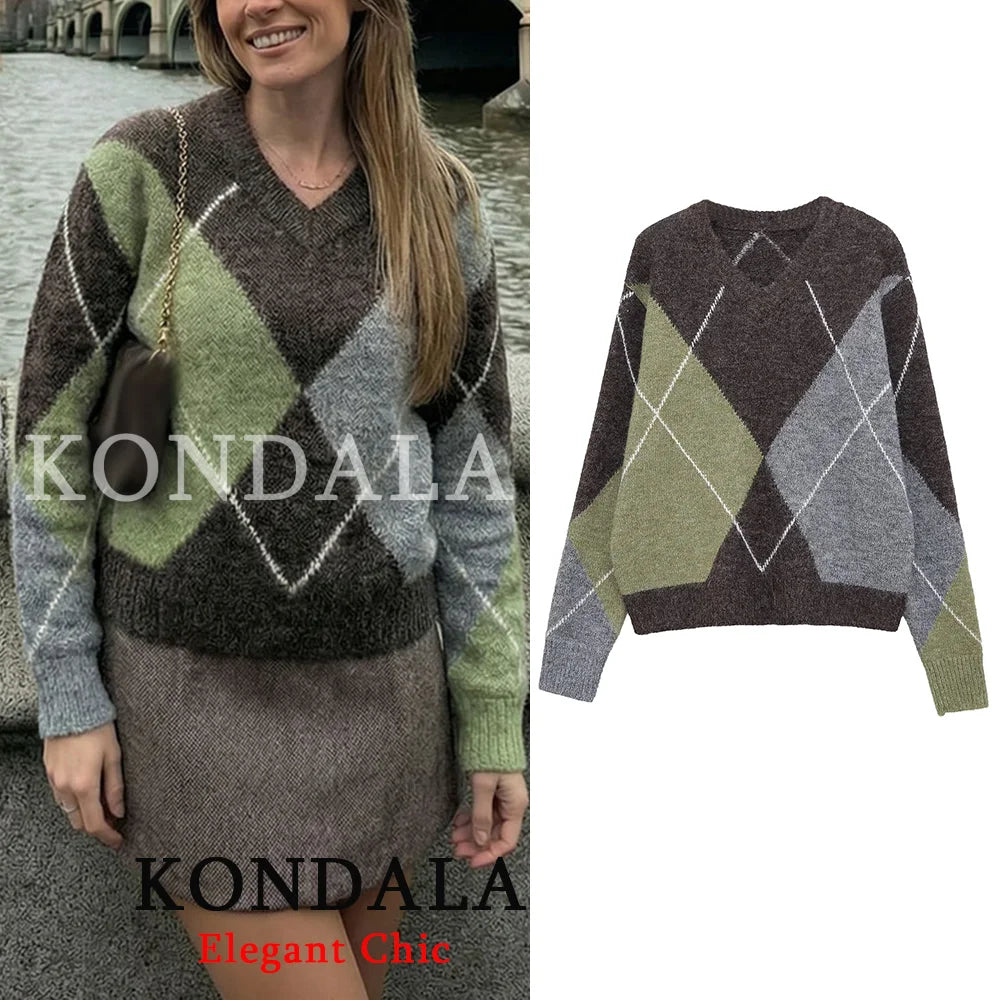KONDALA Trendy Casual Contrasting Sweater Women Elegant Rhombus Knitted Sweater 2026 Spring Fashion Holidays Chic Female Sweater