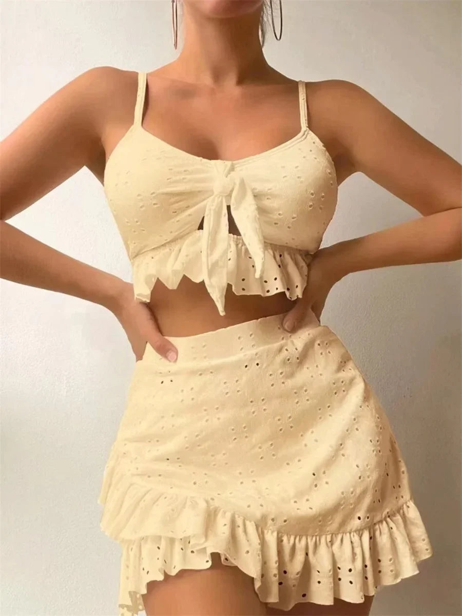 Sexy White 3 Piece Bikinis Set 2026 Women Halter Cut Out Tie Up Ruffles Push Up Skirt Swimsuit Bathing Suit High Waist Swimwear