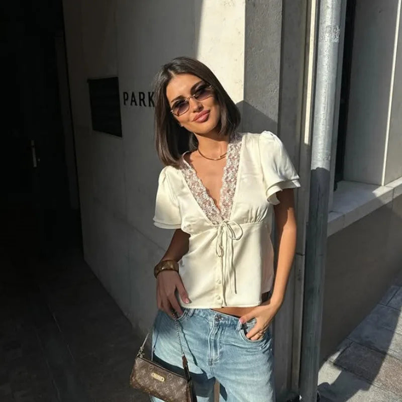 Women's V-Neck Lace Blouse – Button and Lace-Up Spring/Summer 2025