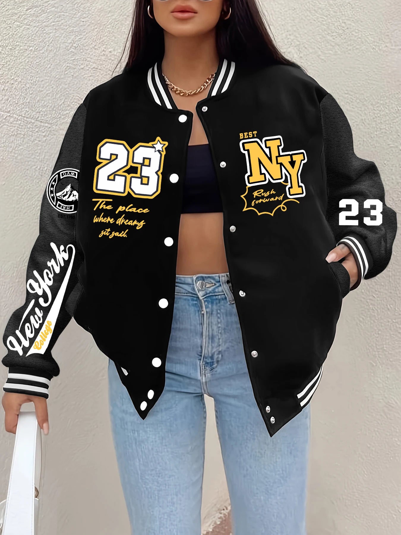 New York Art Letter 23 Printed Plus Size Women Jacket Harajuku Fleece Baseball Jersey Button Streetwear Vintage Loose Clothing