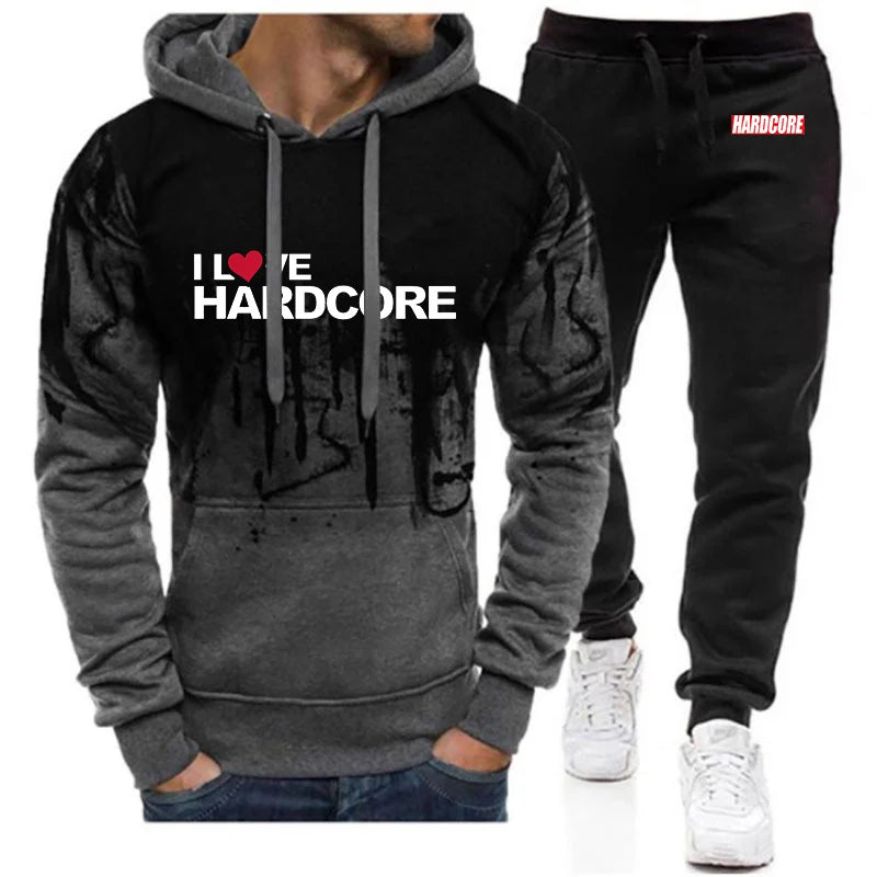 Hardcore Men's New Spring and Autumn Casual Printing Pullover Hoodie + Sweatpants Harajuku Gradient Color Two Piece Suit