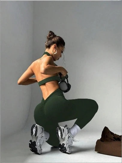 Sexy Halter Backless Sports Jumpsuits for Women Off Shoulder Sleeveless Fitness Gym Bodysuit Female Solid Tight Yoga Overalls